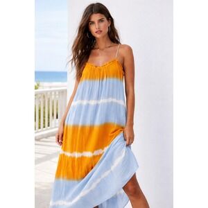 Zara Orange Blue Tie Dye Cotton Gauze Maxi Dress Sz M Boho Beachy Coastal Resort